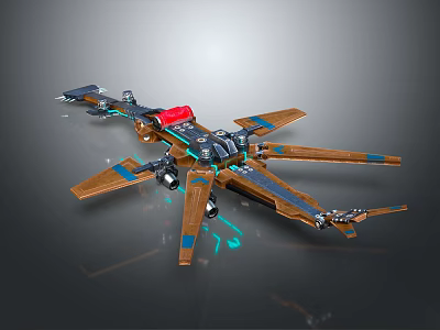 Futuristic 3D Model Aircraft With Wooden Wings Blue Accents And Red Mechanical Component 3d model