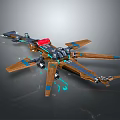 Futuristic 3D Model Aircraft With Wooden Wings Blue Accents And Red Mechanical Component