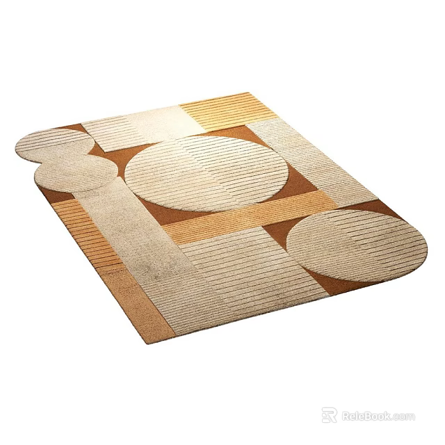 Geometric Patterned Square Rug with Beige Brown Yellow Tones and Circular Striped Motifs 3d model 