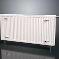 White Vertical Striped Radiator With Blue Support Legs Modern Sleek Design For Home Heating