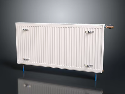 White Vertical Striped Radiator With Blue Support Legs Modern Sleek Design For Home Heating 3d model