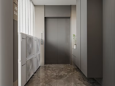 Modern Elevator Hall White Entryway Cabinet With Side Cabinet And Marble Floor 3d model