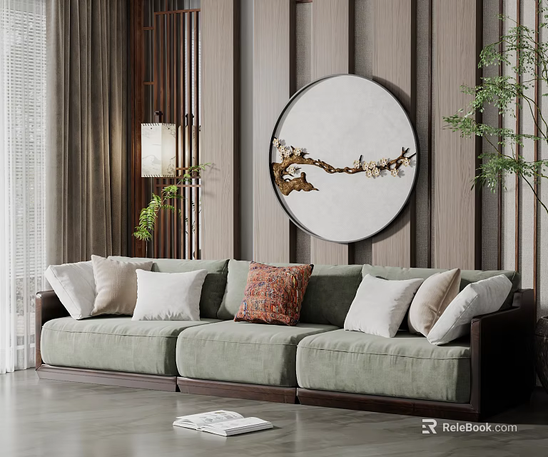 Green Three Seater Sofa With Decorative Pillows On Wooden Wall Circular Painting And Floor Lamp 3d model 
