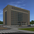 Modern Light Colored Office Building Exterior With Large Glass Windows Trees Lawn And Blue Car
