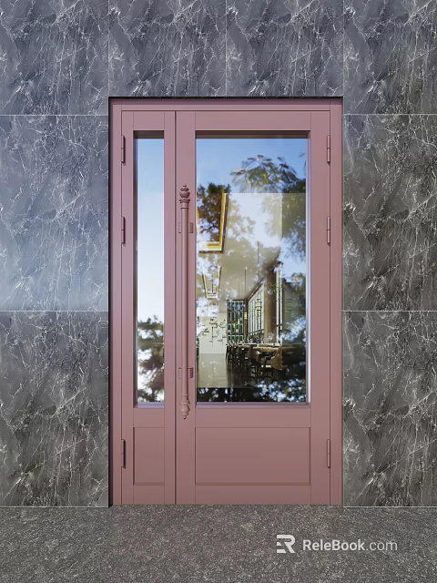 Pink Double Door with Glass Windows Against Marble Wall Reflecting Trees and Buildings 3d model 