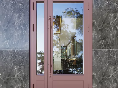 Pink Double Door with Glass Windows Against Marble Wall Reflecting Trees and Buildings 3d model