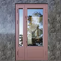 Pink Double Door with Glass Windows Against Marble Wall Reflecting Trees and Buildings