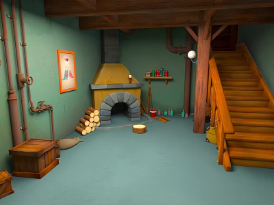 Cartoon Scene With Green Walls Wooden Stairs Stone Fireplace Firewood Stack And Framed 3d model