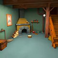 Cartoon Scene With Green Walls Wooden Stairs Stone Fireplace Firewood Stack And Framed