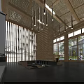 Elegant Hotel Lobby Interior With Wooden Paneling Hanging Lights Bookshelves And Sofa Seating