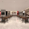 Modern Restaurant Interior With Marble Front Desk Wooden Ceiling Red Walls And Green Plants