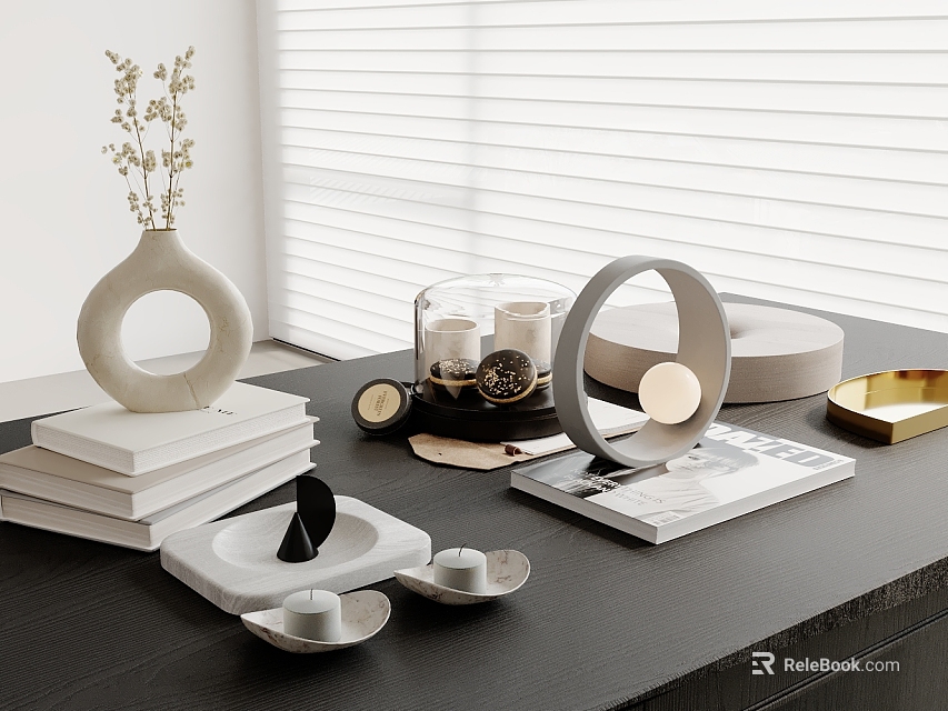 Stylish Inflatable Model Decoration For Modern Home Table With Vase Books And White Shutters 3d model 