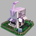 Cartoon Scene Featuring Cute House With Pink Roof Chimney Wooden Fence Steps And Small Signboard