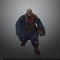 Bald Bearded Muscular 3D Character With Blue Coat Red Scarf And Mechanical Gloves