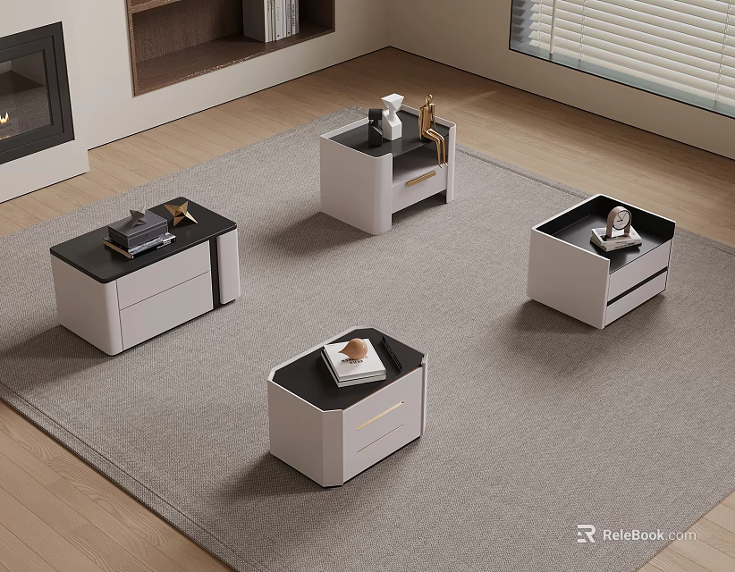 Modern Black And White Bedside Tables With Drawers And Decorative Top Items 3d model 