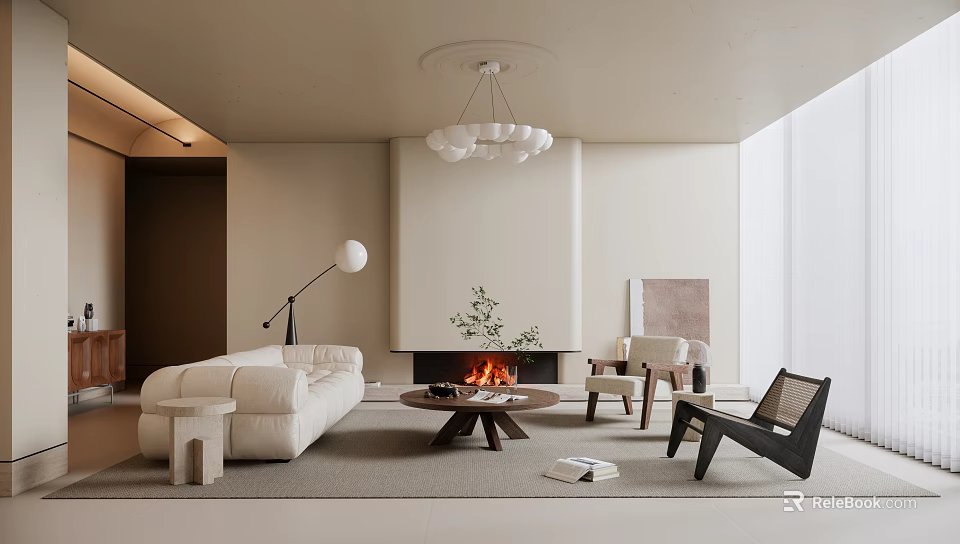 Neutral Tones Living Room Interior With White Sofa Wooden Coffee Table Fireplace Chandelier And Floor Lamp 3d model 