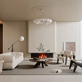 Neutral Tones Living Room Interior With White Sofa Wooden Coffee Table Fireplace Chandelier And Floor Lamp