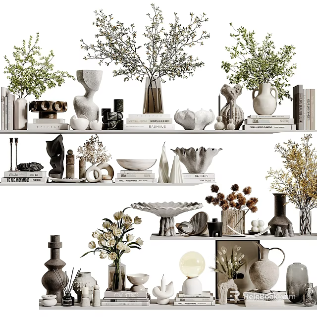 Decorative Ornament Set With Green Plants Ceramic Vases And Artistic Sculptures On Shelves 3d model 
