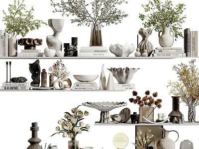 Decorative Ornament Set With Green Plants Ceramic Vases And Artistic Sculptures On Shelves 3d model