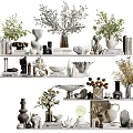 Decorative Ornament Set With Green Plants Ceramic Vases And Artistic Sculptures On Shelves
