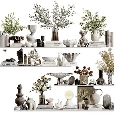 Decorative Ornament Set With Green Plants Ceramic Vases And Artistic Sculptures On Shelves 3d model