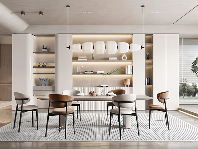 Modern Restaurant Interior Design With Dining Table Chairs Pendant Lights And Decor 3d model