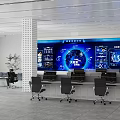 Modern Bright Monitoring Control Room With Large Digital Display Screen And Professional Office Workstations