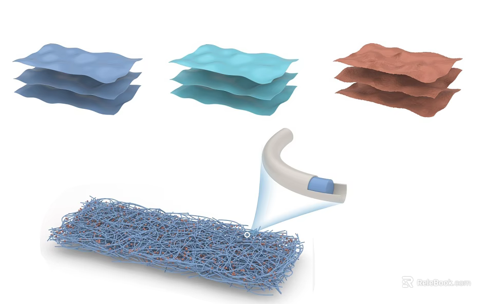 Assorted Colored Stacked Materials With Blue Mesh Structure And Curved Component 3d model 
