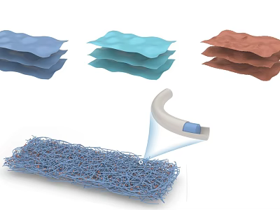Assorted Colored Stacked Materials With Blue Mesh Structure And Curved Component 3d model