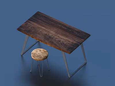 Modern Minimalist Wooden Table And Stool With Metal Legs For Home Interior 3d model