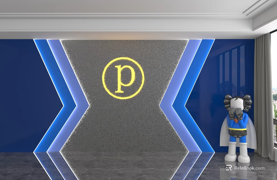 Luxury Background Wall With Yellow P Logo Blue Geometric Accents Reflective Floor And Cartoon Figurine 3d model 