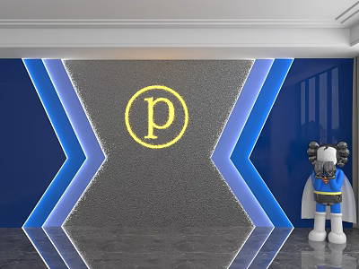 Luxury Background Wall With Yellow P Logo Blue Geometric Accents Reflective Floor And Cartoon Figurine 3d model