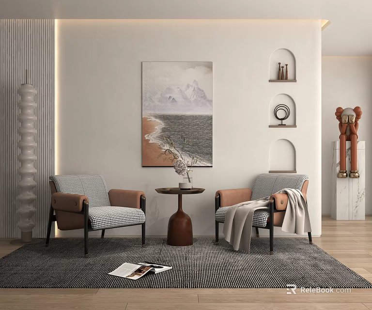 Leisure Sofa Set with Gray and Brown Upholstery Side Table Wall Art and Decorative Rug 3d model 