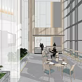Modern Chinese Restaurant Hall With Wooden Decor Large Windows Multi person Tables And Ink Painting