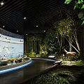 Indoor Natural Exhibition Space Featuring Curved Blue Light Trees Deer Water And Bird Models
