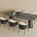 Modern Dining Table Set With Grey Marble Top And White Cushioned Black Frame Chairs 3d model