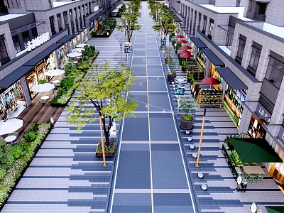 Vibrant Commercial Pedestrian Street With Buildings Greenery Shops Outdoor Seating And Umbrellas 3d model