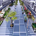 Vibrant Commercial Pedestrian Street With Buildings Greenery Shops Outdoor Seating And Umbrellas
