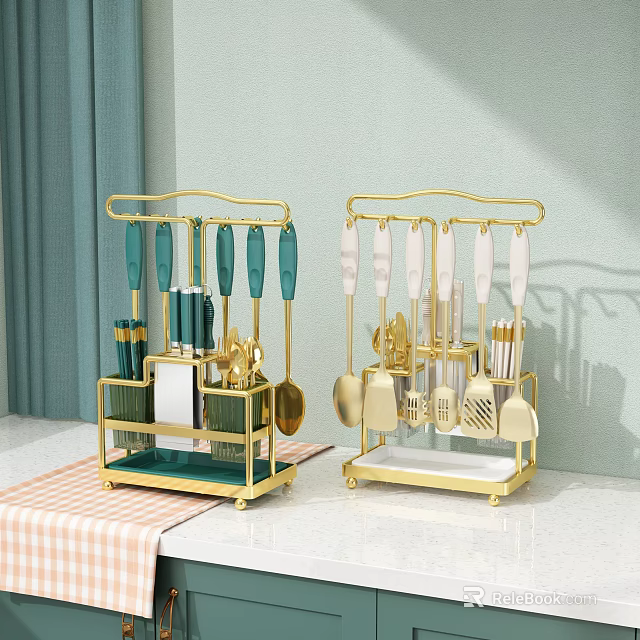 Stylish Gold Kitchen Utensil Organizers With Green White Utensils And Storage Shelves 3d model 