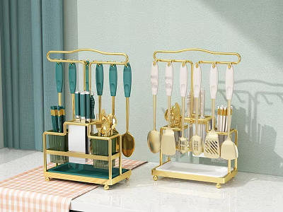 Stylish Gold Kitchen Utensil Organizers With Green White Utensils And Storage Shelves 3d model