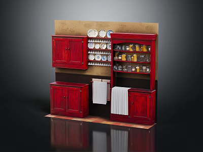 Kitchen Storage Interior With Red Cabinets Wall Plates Glass Door Jar Cabinet And Towels 3d model