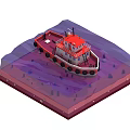 Cartoon Scene Featuring Red And White Tugboat On Water Surface With Underwater Layers