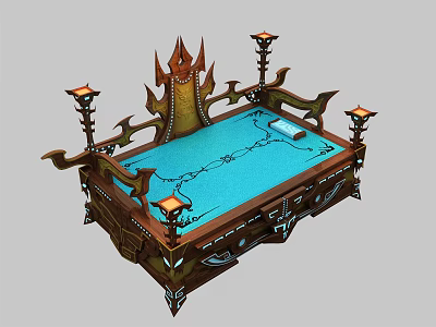 Ornate Fantasy Table With Blue Surface Chains And Decorative Candle Holders 3d model
