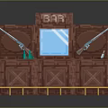 Pixel Art Bar Setup Featuring Wooden Counter Hanging Guns Green Bottles And Yellow Railings