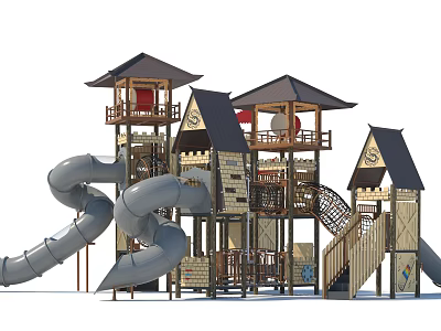 Garden Landscape Featuring Children’s Playground Towers Slides Wooden Stairs And Structures 3d model