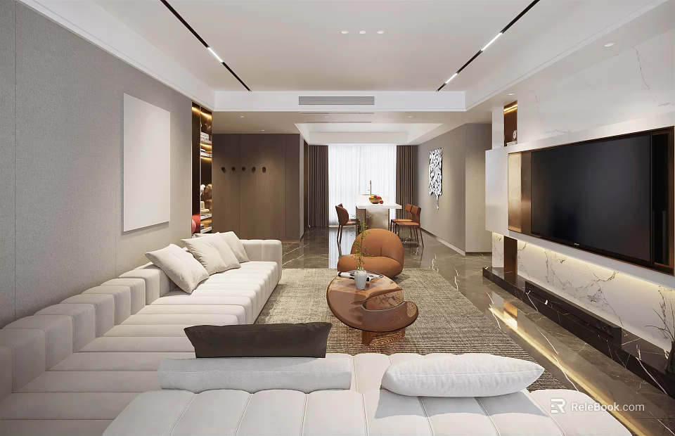 Modern Living Dining Room Interior With Spacious Sofa Coffee Table TV Wall And Dining Set 3d model 