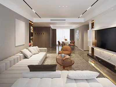 Modern Living Dining Room Interior With Spacious Sofa Coffee Table TV Wall And Dining Set 3d model