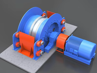 Industrial Winch Equipment With Blue Orange Drum Motor And Metal Base 3d model