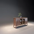 Modern Wooden Sideboard With Glass Doors Dishes Bottles And Top Plant Decoration