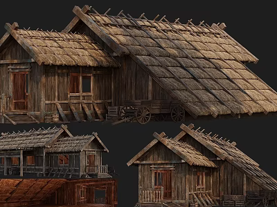 Traditional Ancient Building With Wooden Structure Thatched Roof And Classic Design Details 3d model